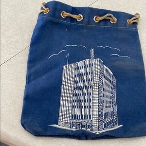 Blue Canvas Drawstring Bag with Building Print